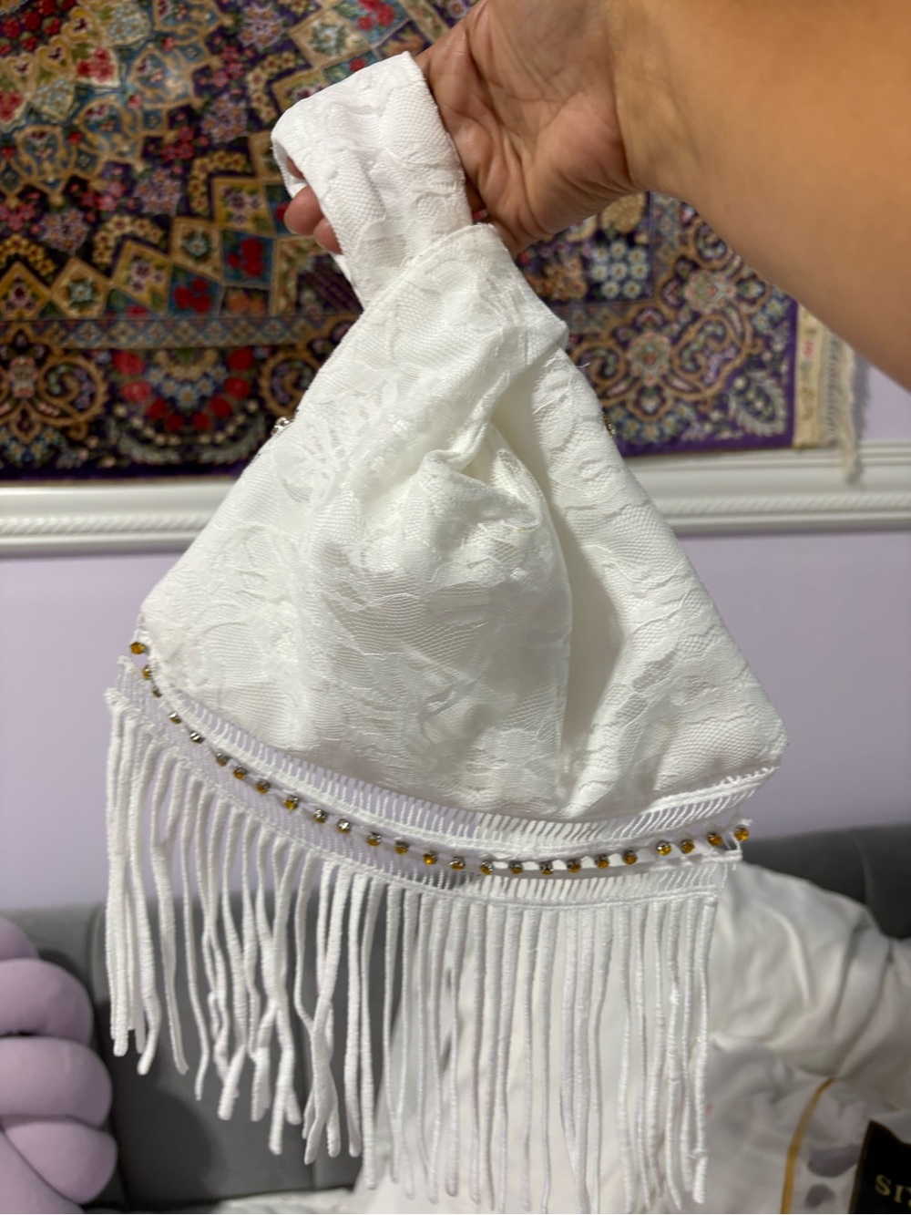 White Fringe Beaded Wristlet Pouch, vintage lace